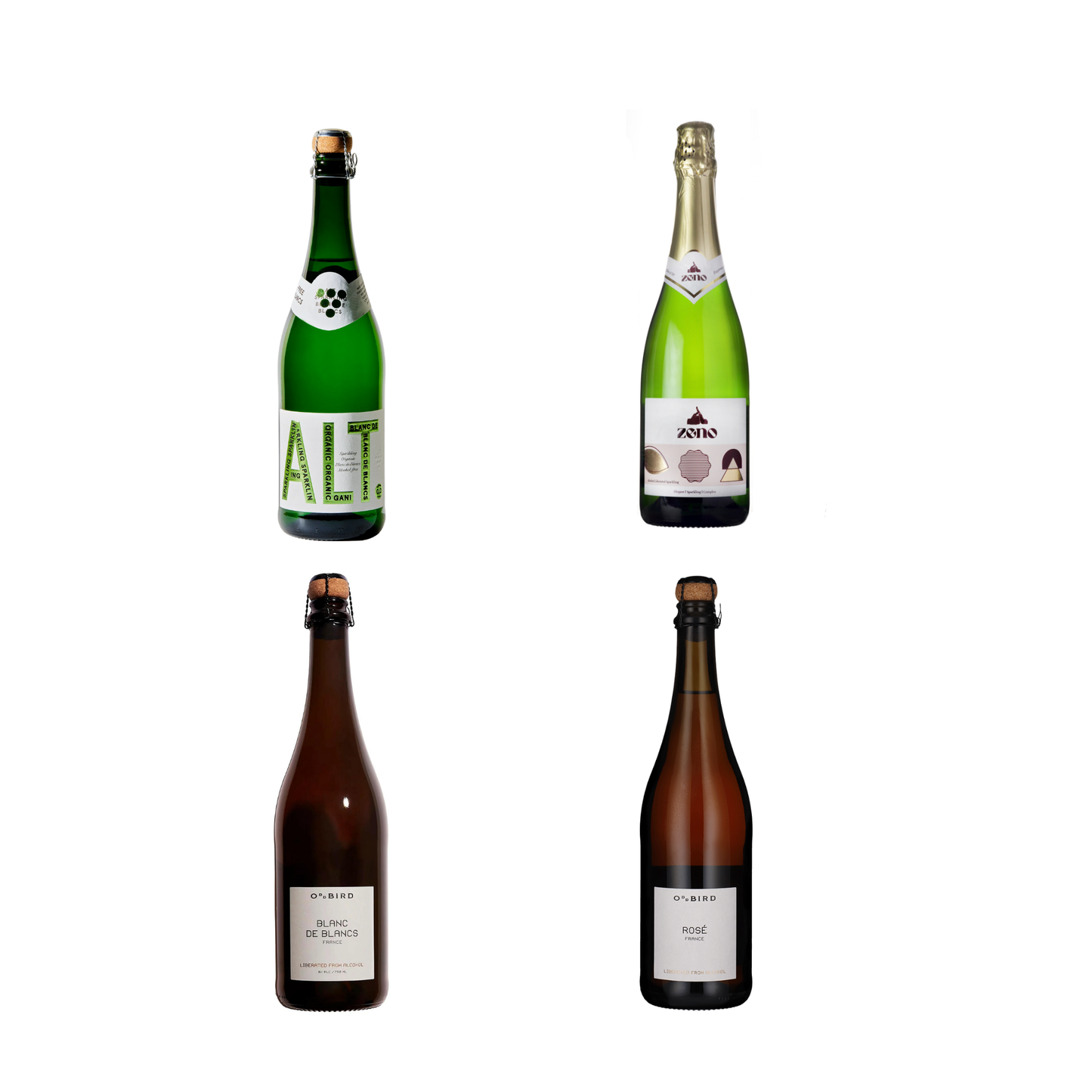 Four bottles of different types of wine on a white background