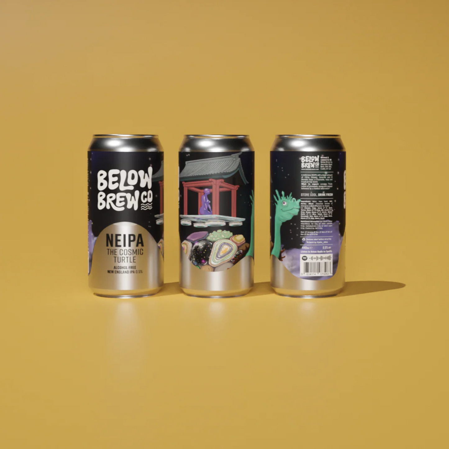 Three cans of Below Brew Co beer on a mustard yellow background