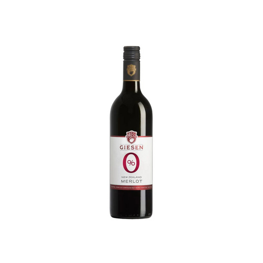 Bottle of Giesen Merlot 0.0 red wine on white background