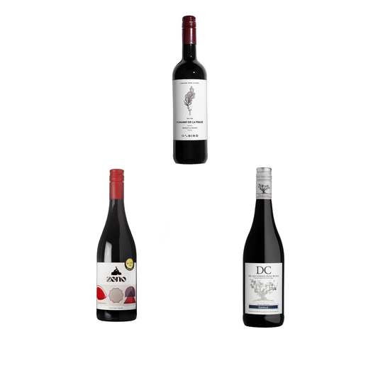 Three wine bottles with different labels on a white background