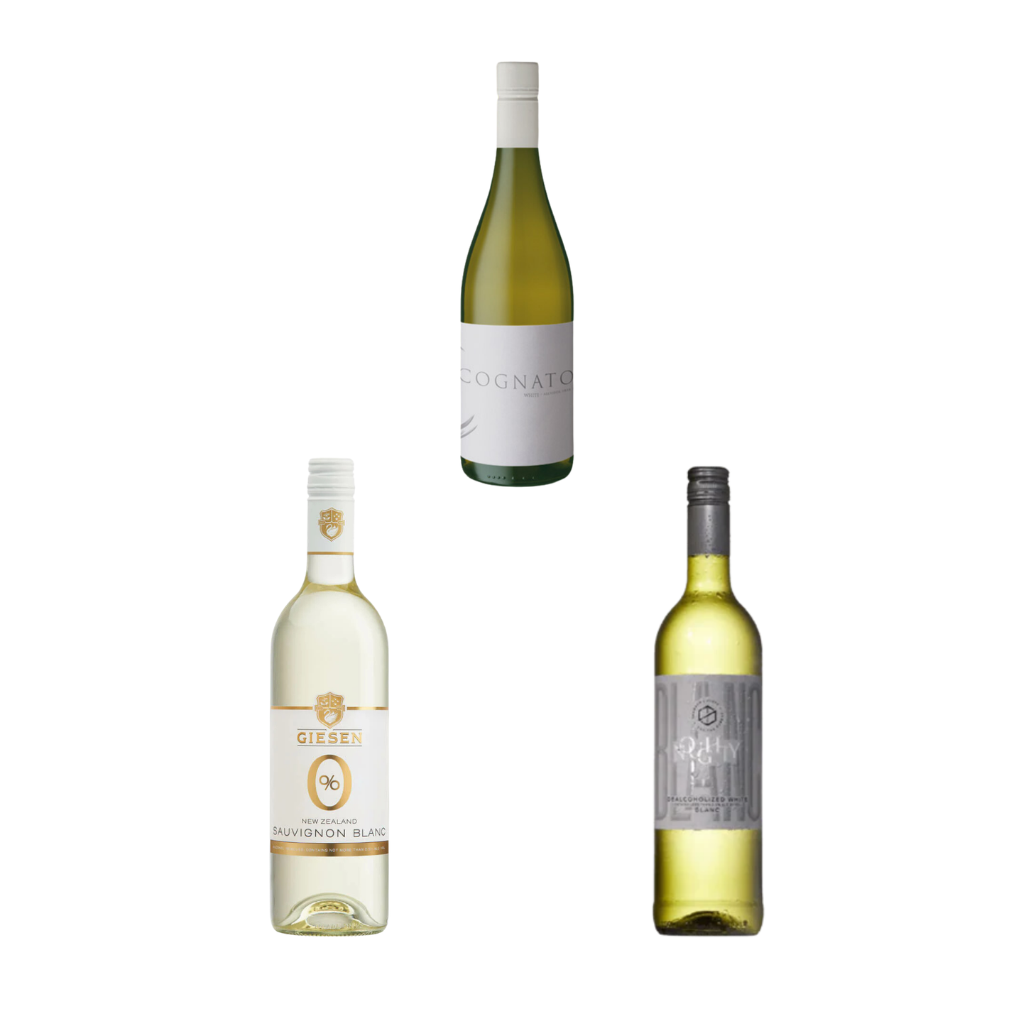Three bottles of white wine with different labels on a white background