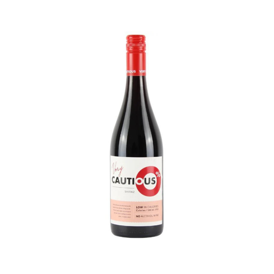 Wine bottle with a red cap and 'Cautious' label on a white background