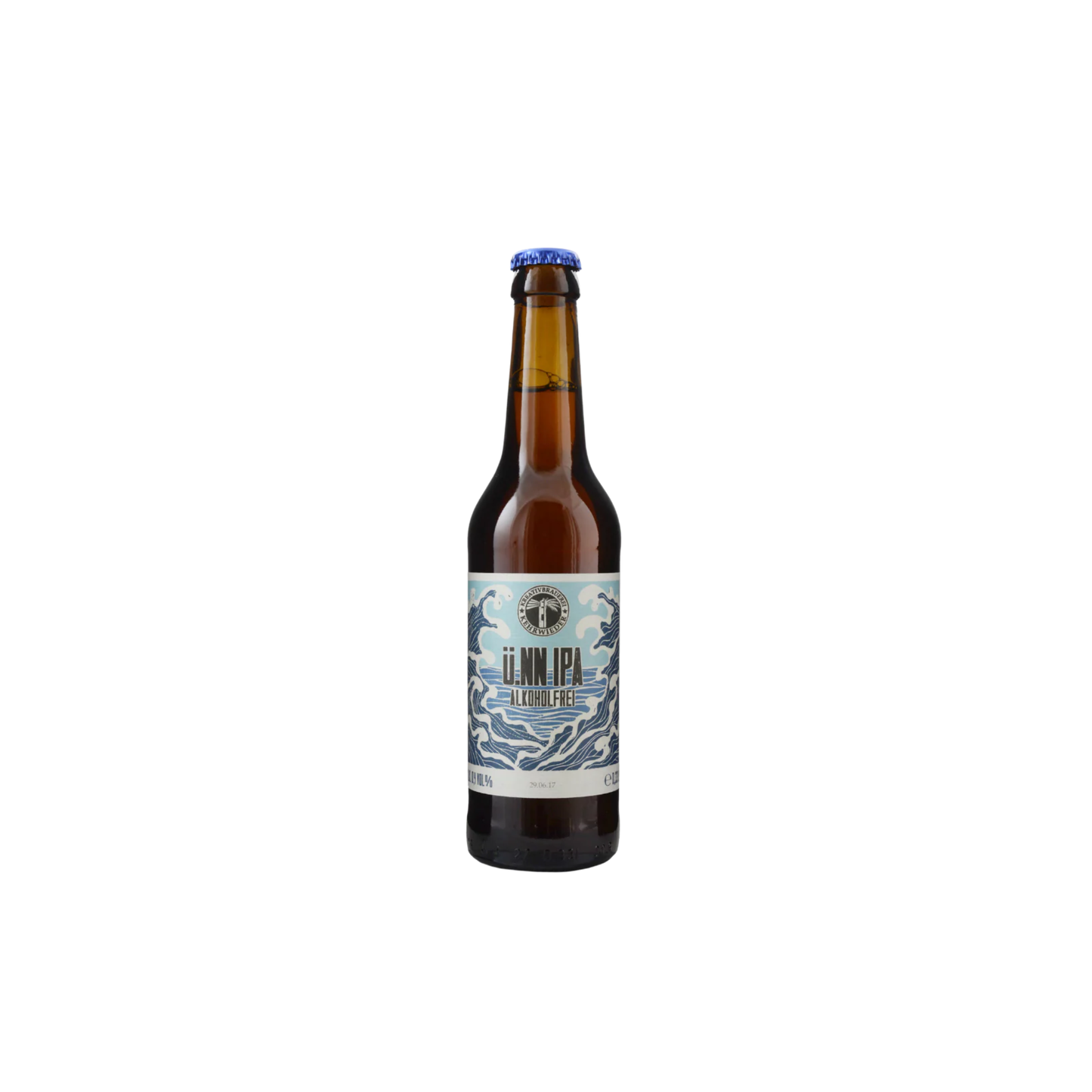 Beer bottle with a label on a white background