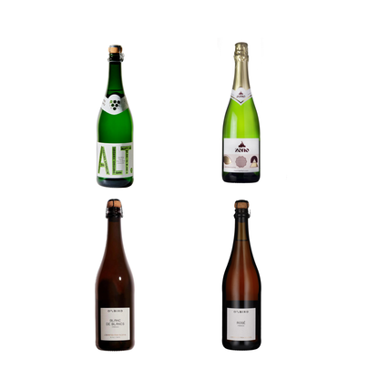 Four bottles of different types of wine on a white background