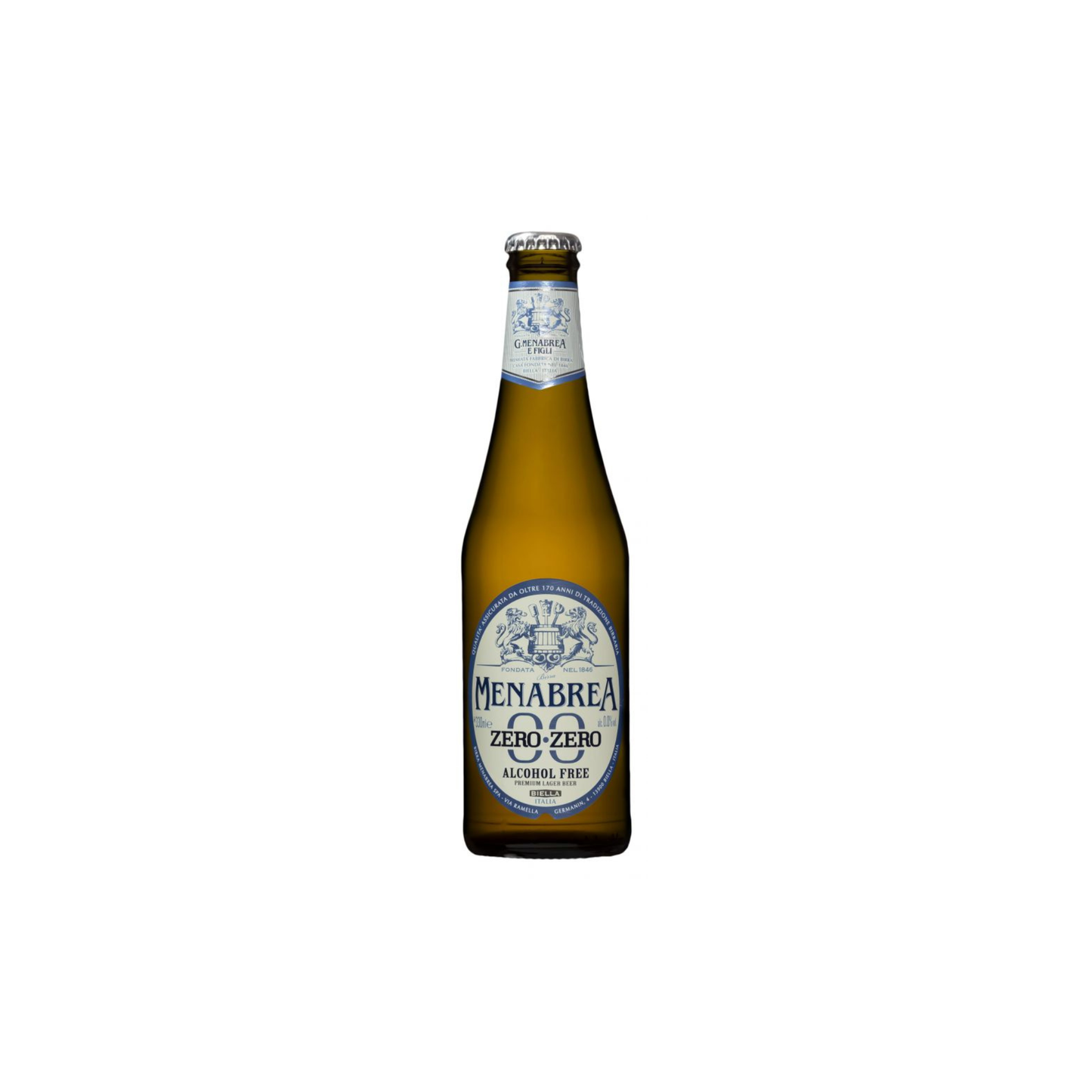 Bottle of Menabrea Zero Zero alcohol-free beer on a white background