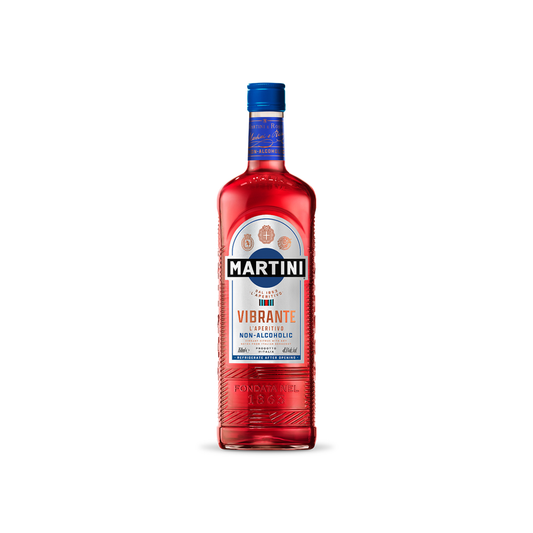 Red bottle of Martini Vibrante non-alcoholic mixer on a white background