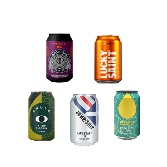 Five colorful beer cans from different brands on a white background
