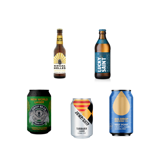 Collection of various beer bottles and cans on a white background