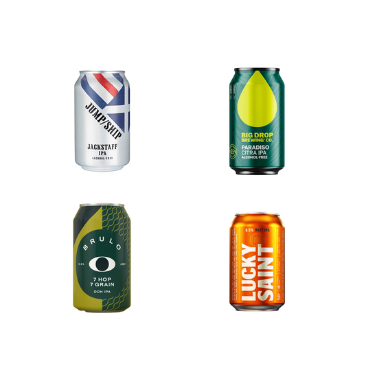 Four different beer cans with various branding on a white background