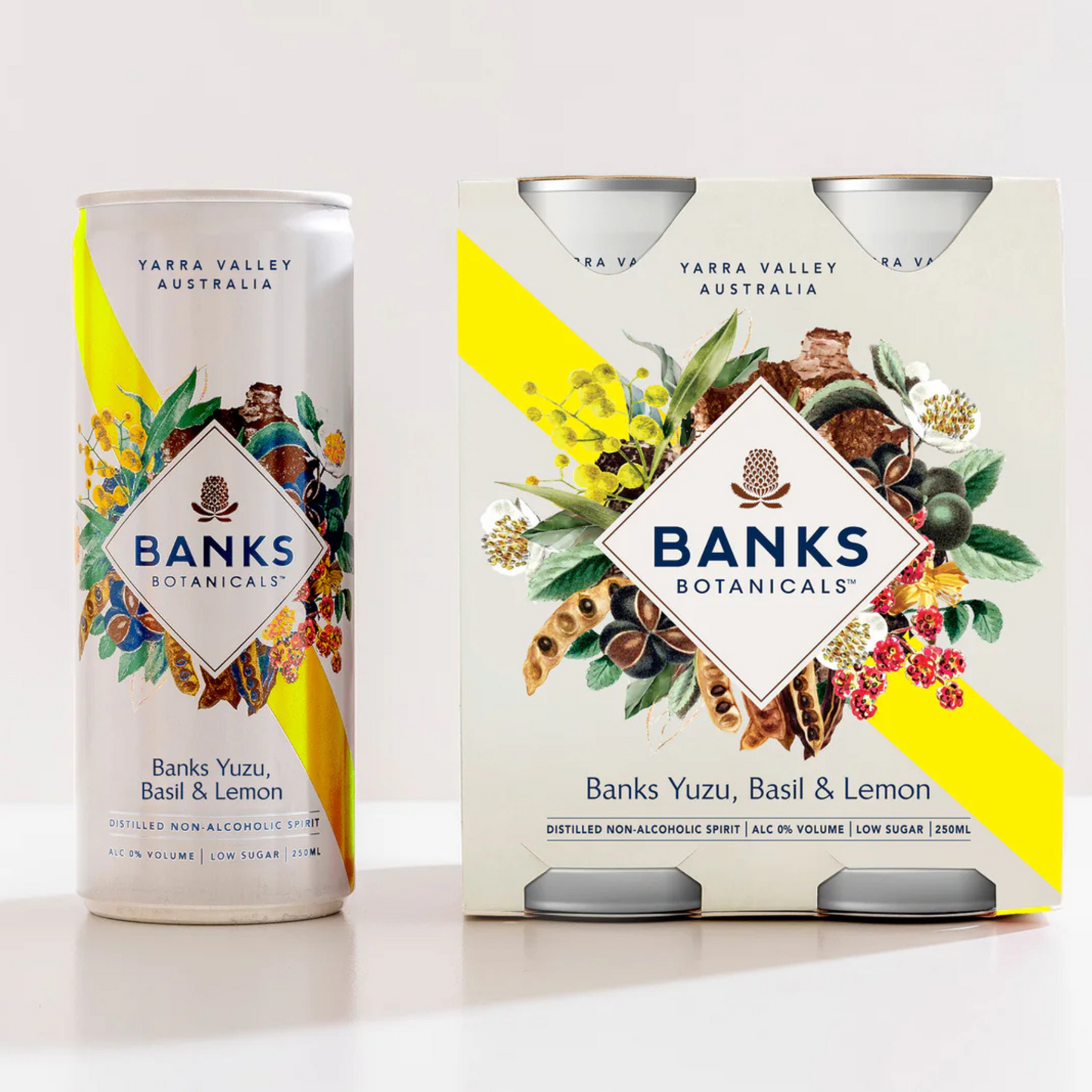 Banks Yuzu, Basil & Lemon 4 cans and single Can on white background