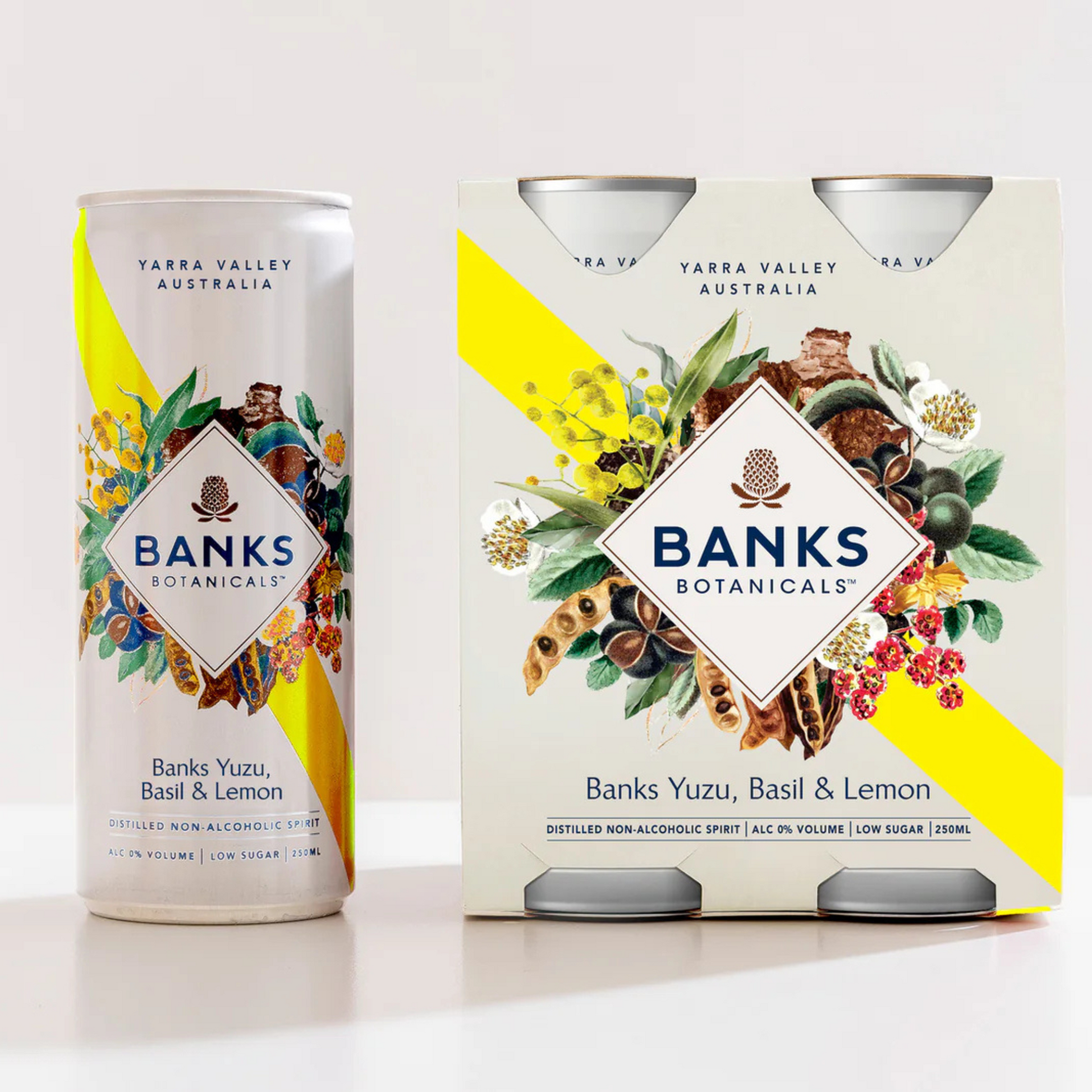 Banks Yuzu, Basil & Lemon 4 cans and single Can on white background