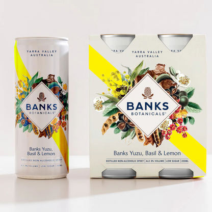 Banks Yuzu, Basil & Lemon 4 cans and single Can on white background