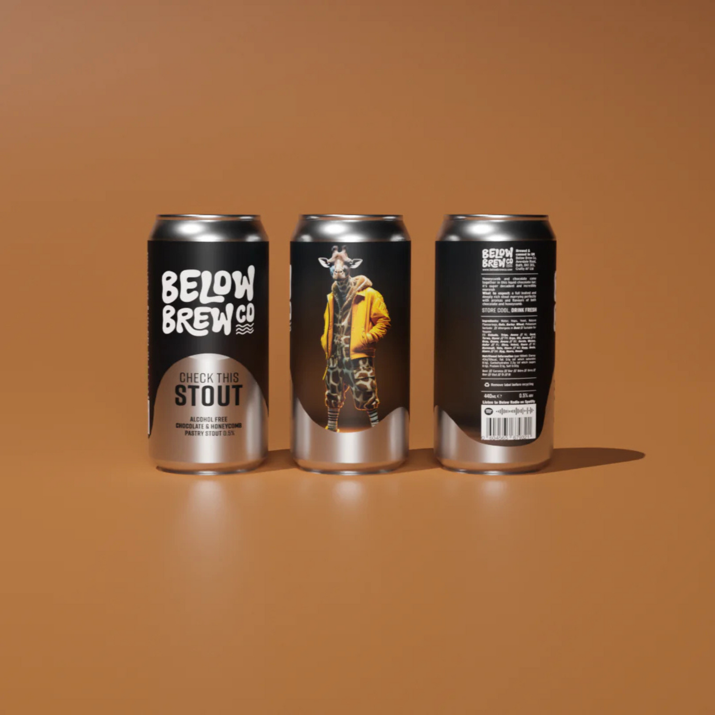 Below Brew Co - Check This Stout Alcohol Free Stout 3 cans orange  Background