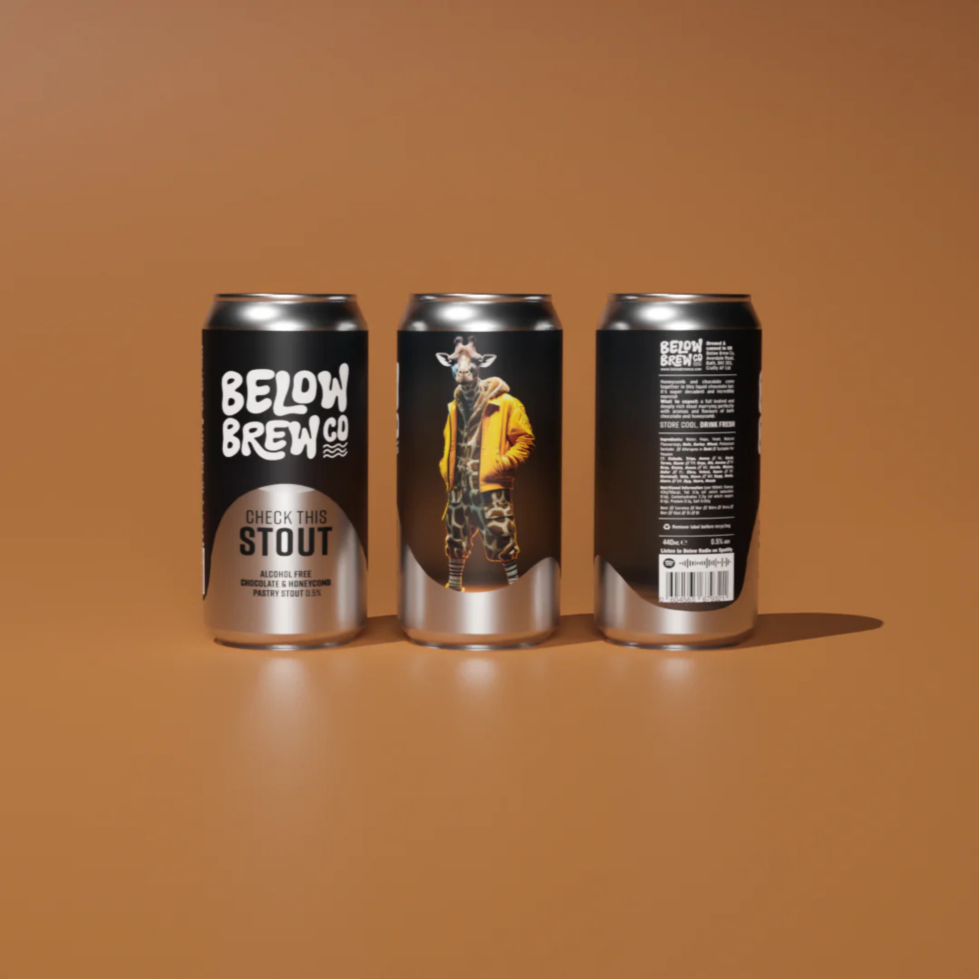 Below Brew Co - Check This Stout Alcohol Free Stout 3 cans orange  Background