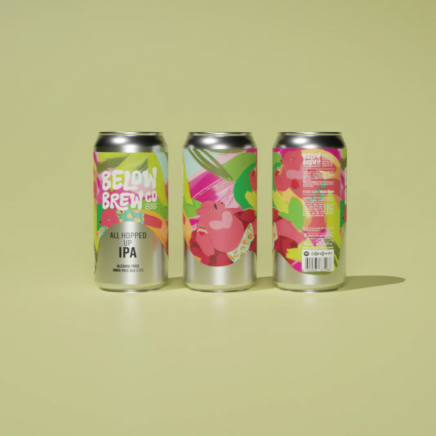 Below Brew Co All Hopped Up IPA 3 cans on green background