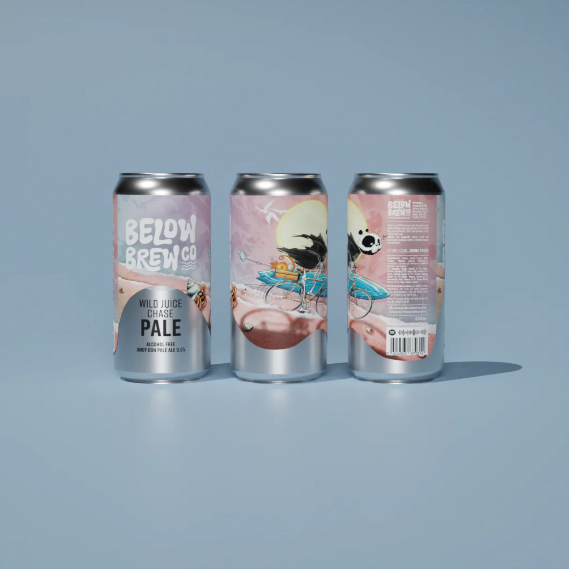 Three cans of Below Brew Co Pale Ale on a light blue background