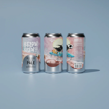 Three cans of Below Brew Co Pale Ale on a light blue background