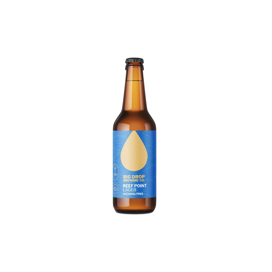 Beer bottle with a blue label featuring a yellow droplet on a white background