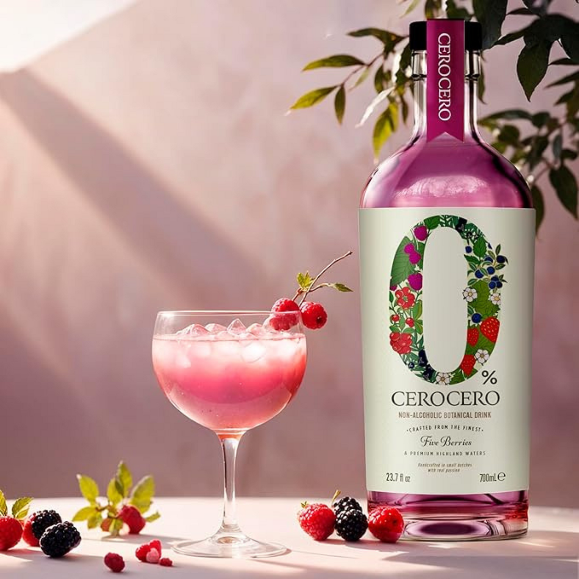 Bottle of CeroCero non-alcoholic drink with a pink cocktail and berries on a light background