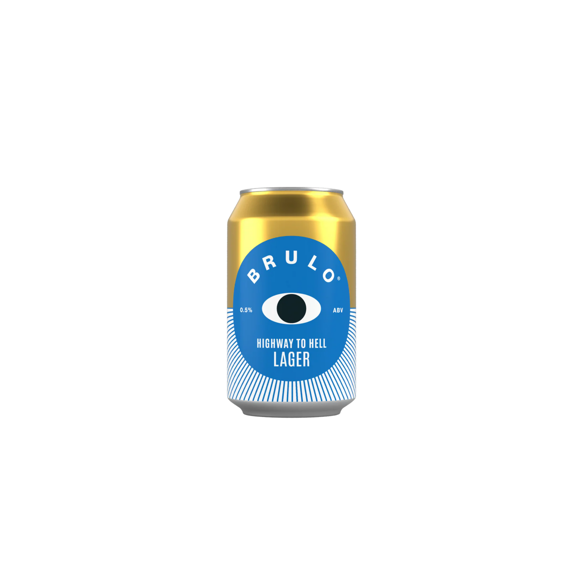 Gold can with blue label featuring 'BRULO' branding on a white background