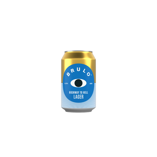 Gold can with blue label featuring 'BRULO' branding on a white background