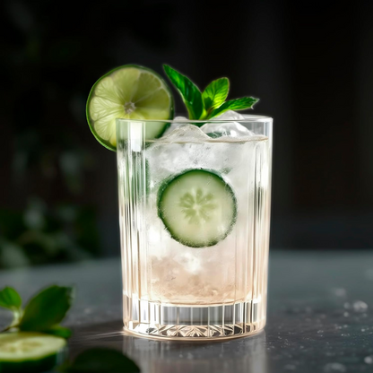Cocktail with cucumber slices and lime in a glass on a dark background