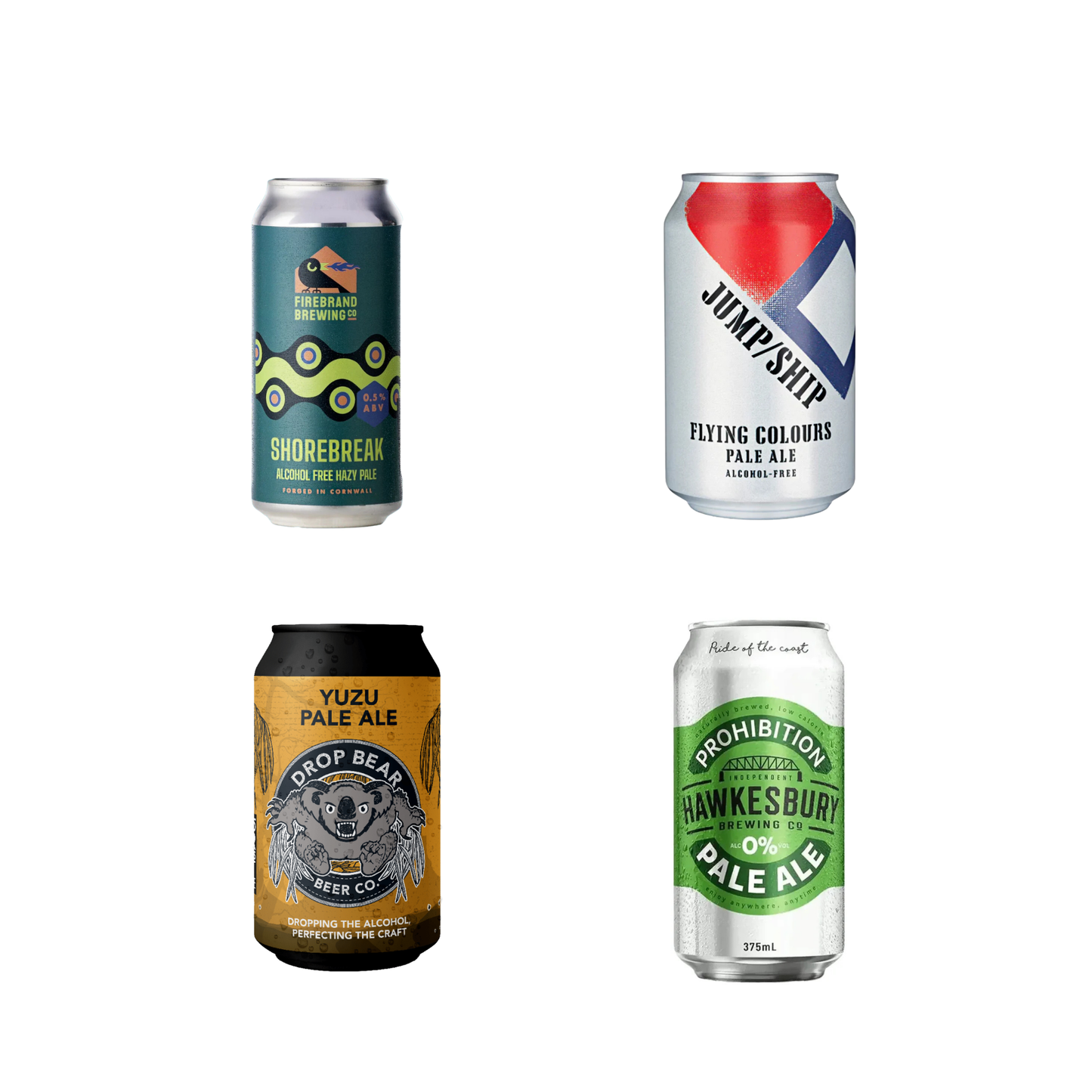 Four different beer cans from various breweries on a white background