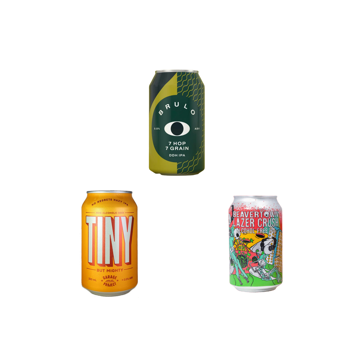 Three beer cans with different designs on a white background