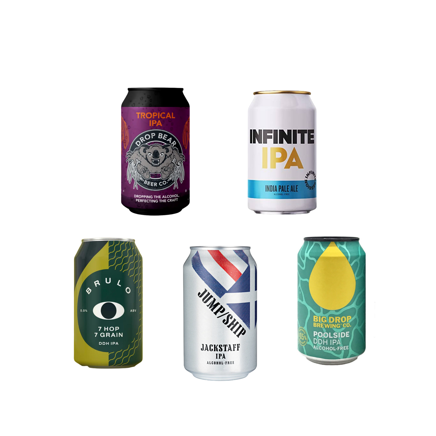 Five different beer cans with various designs and branding on a white background