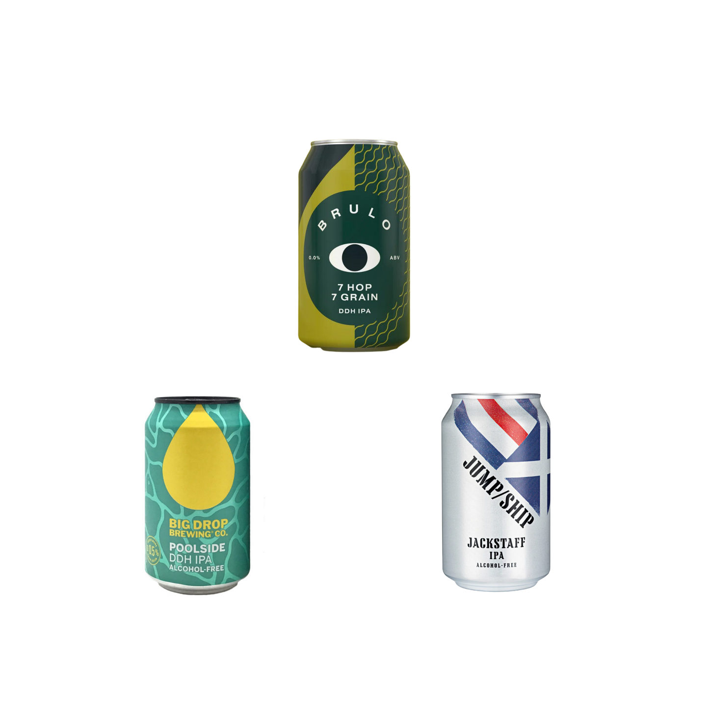 Three beer cans from different brands on a white background