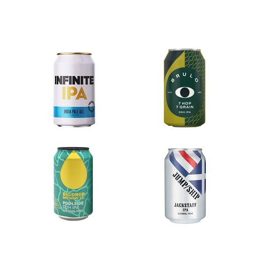 Four different beer cans with various designs and branding on a white background