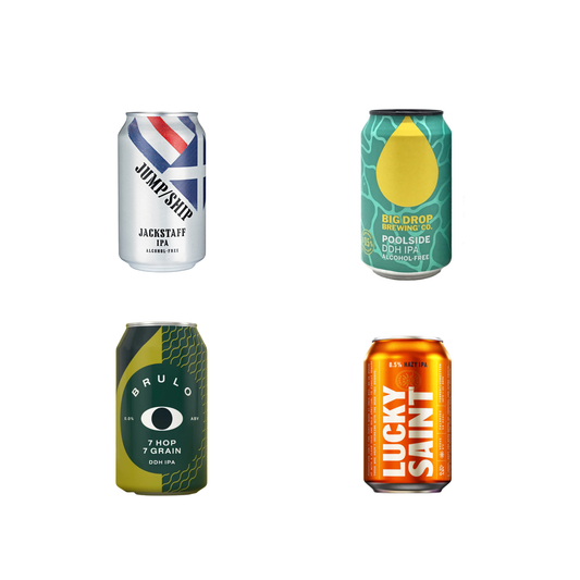 Four different beer cans with various designs and branding on a white background