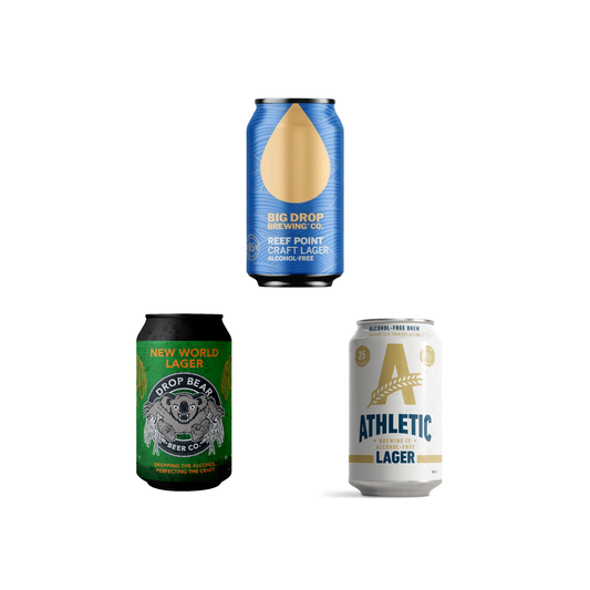 Three beer cans from different breweries on a white background