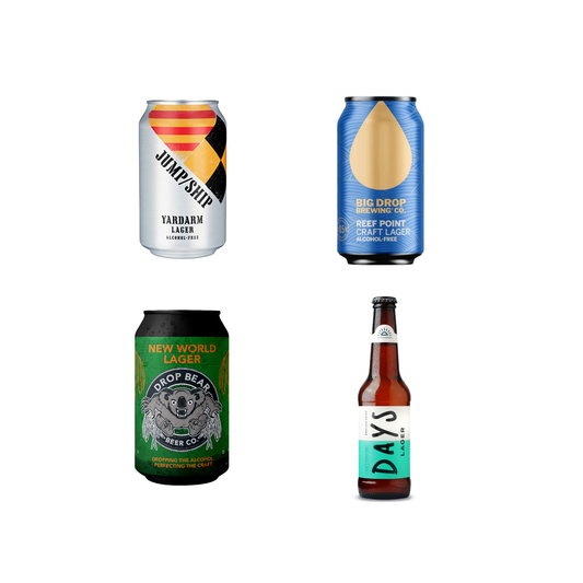 Four different beer cans and bottles on a white background