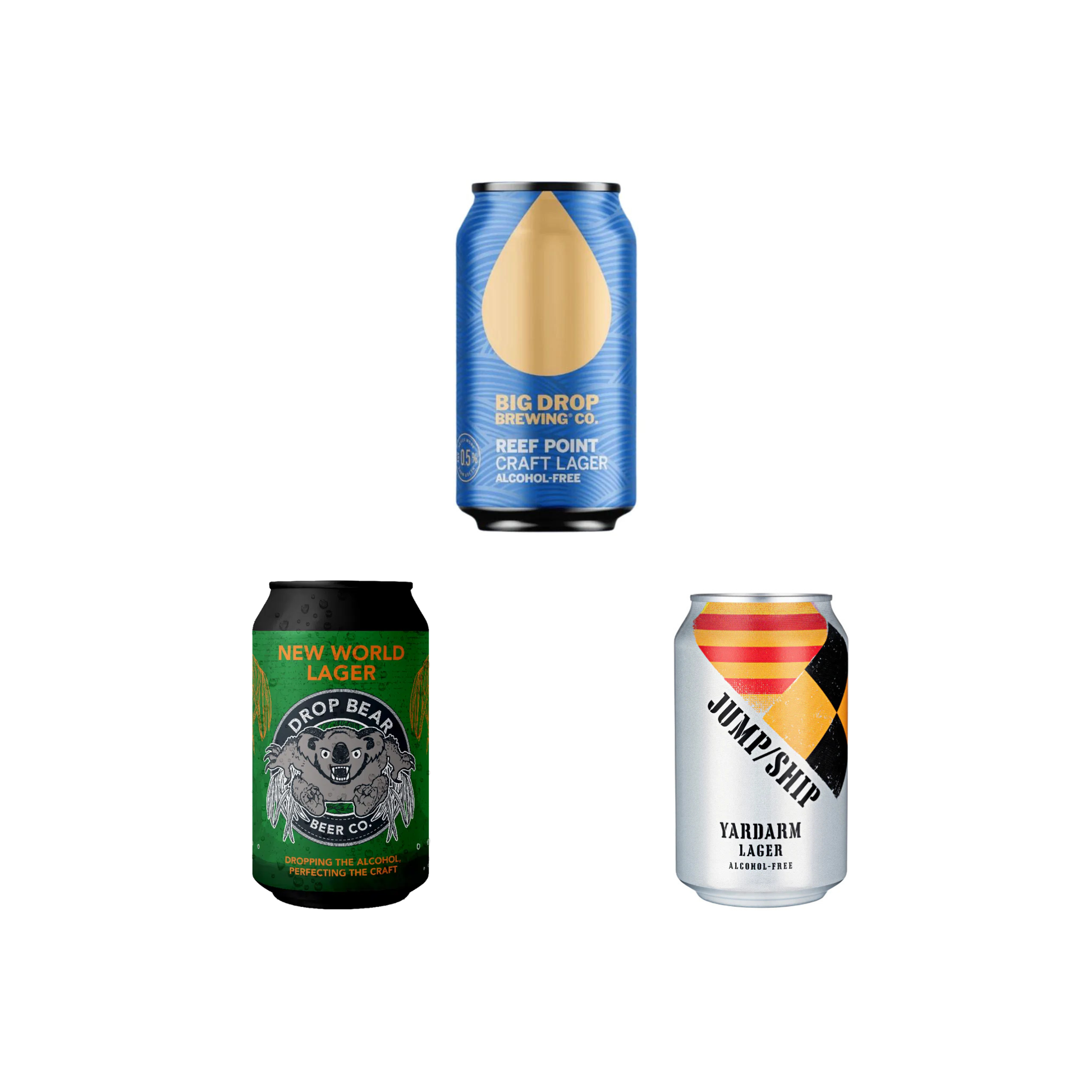 Three beer cans from different breweries on a white background