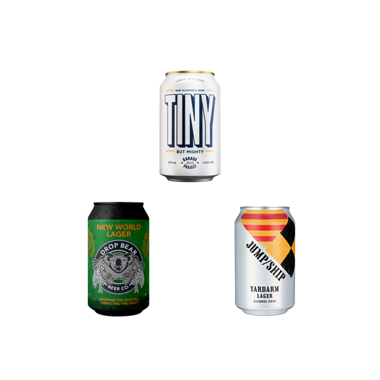 Three beer cans from different brands on a white background