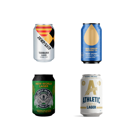 Four different beer cans on a white background