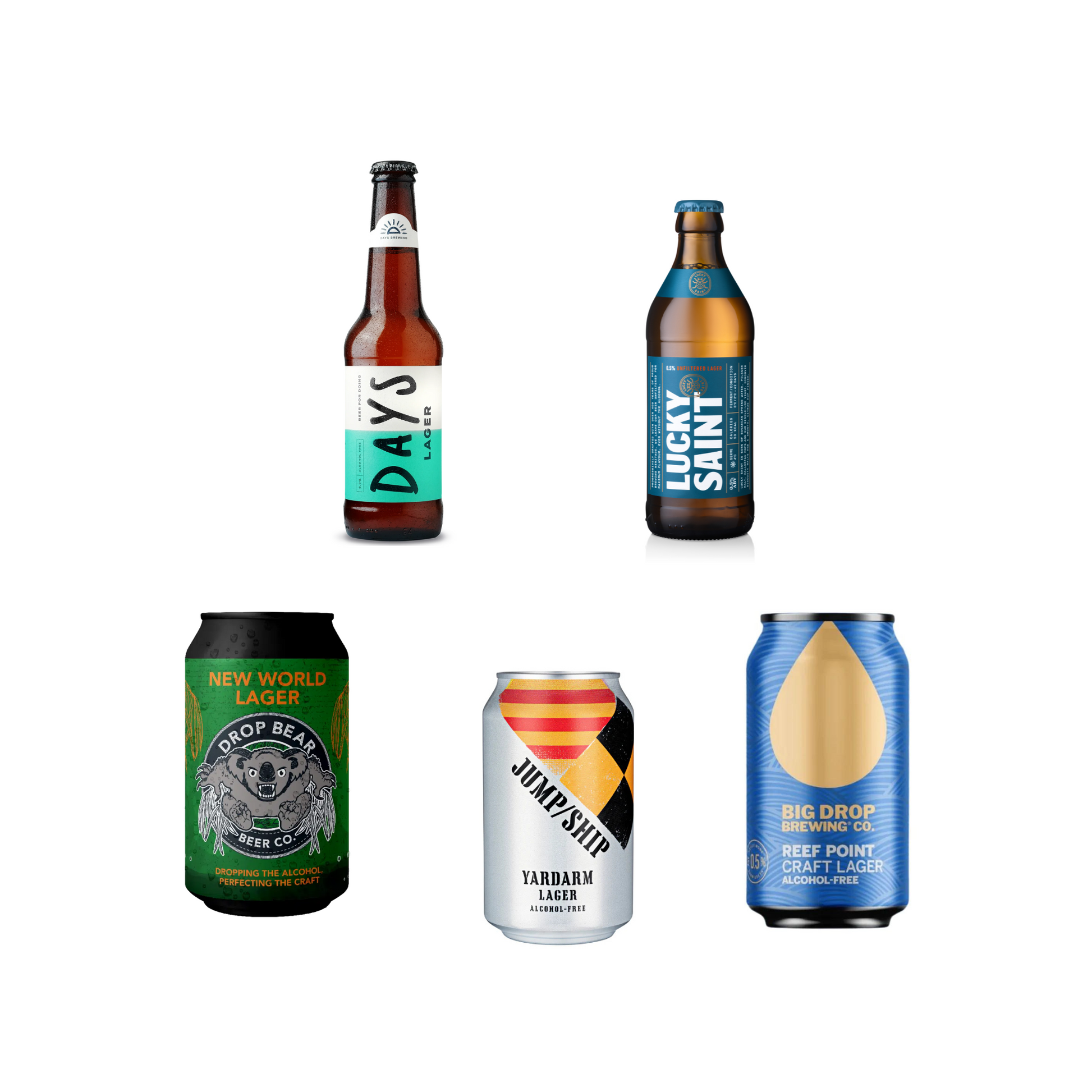 Collection of various beer bottles and cans on a white background