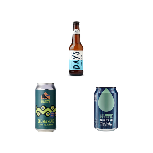 Two cans and a bottle of alcohol-free beer from Big Drop Brewing Co on a white background