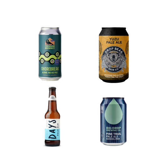 Four different beer cans and bottles from various breweries on a white background