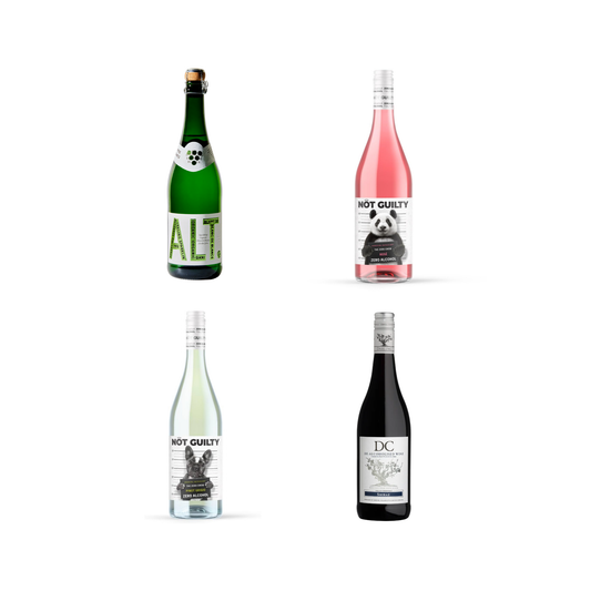 Four wine bottles with panda illustrations on labels against a white background