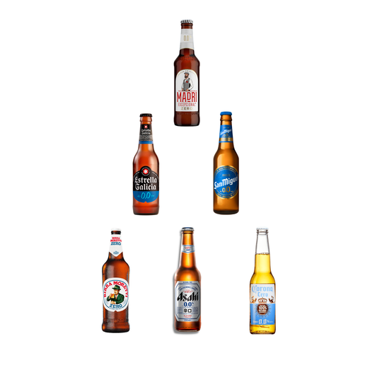 Collection of six beer bottles from different brands on a white background