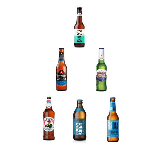 Collection of six beer bottles with various labels on a white background