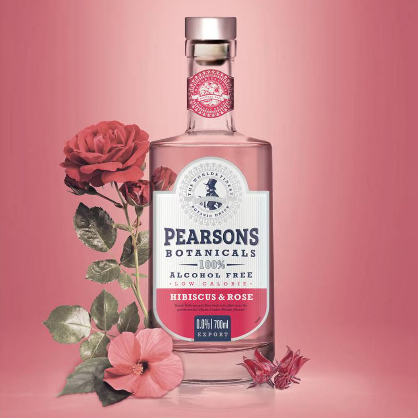 Pearsons Botanicals hibiscus & rose alcohol-free drink bottle with flowers on a pink background