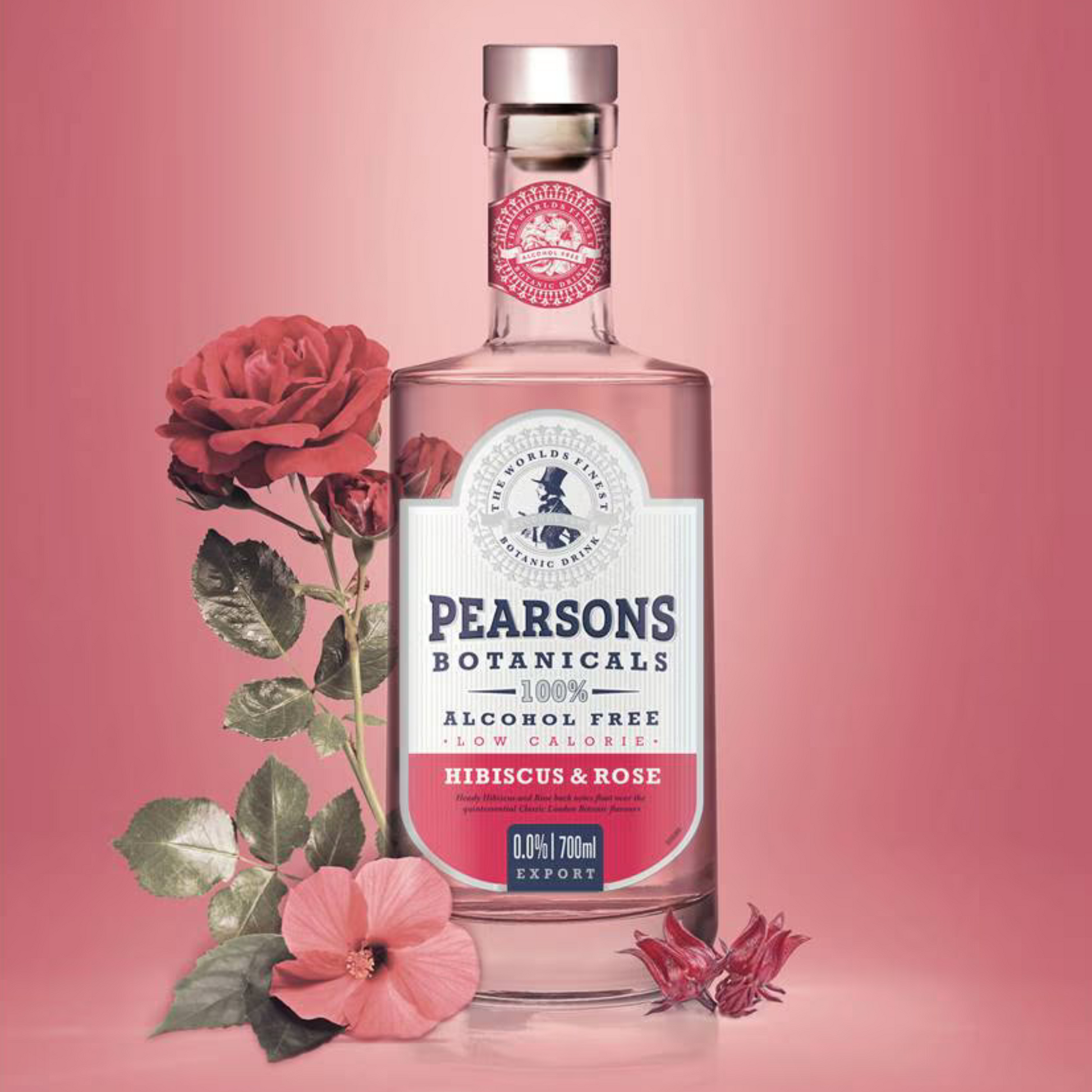 Pearsons Botanicals hibiscus & rose alcohol-free drink bottle with flowers on a pink background