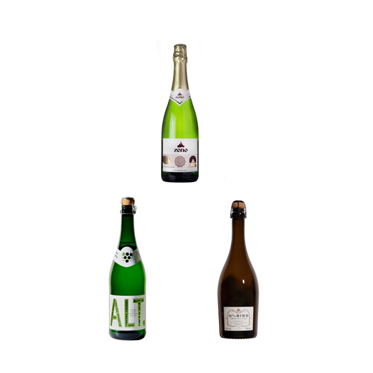 3 bottles of sparkling white wine on white background
