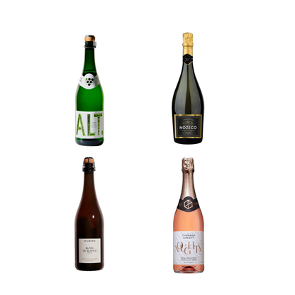 Four bottles of different types of wine on a white background