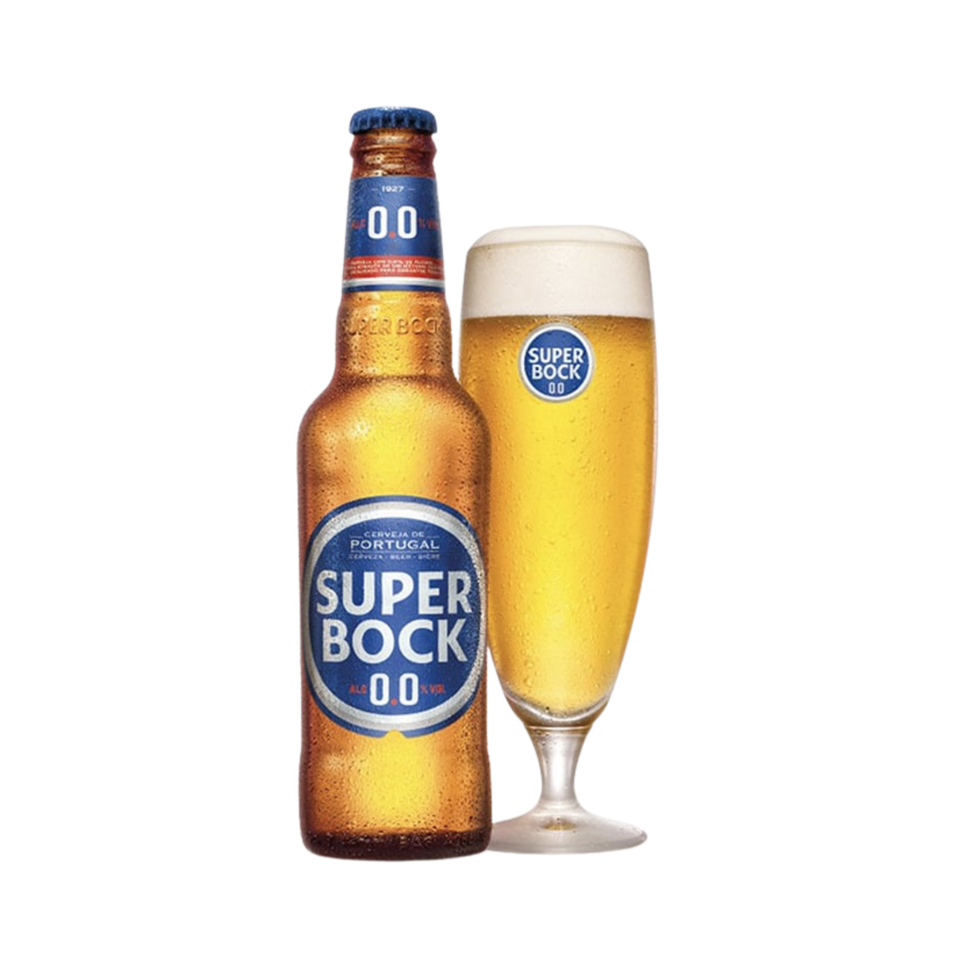 Super Bock 0.0% beer bottle and glass on a white background