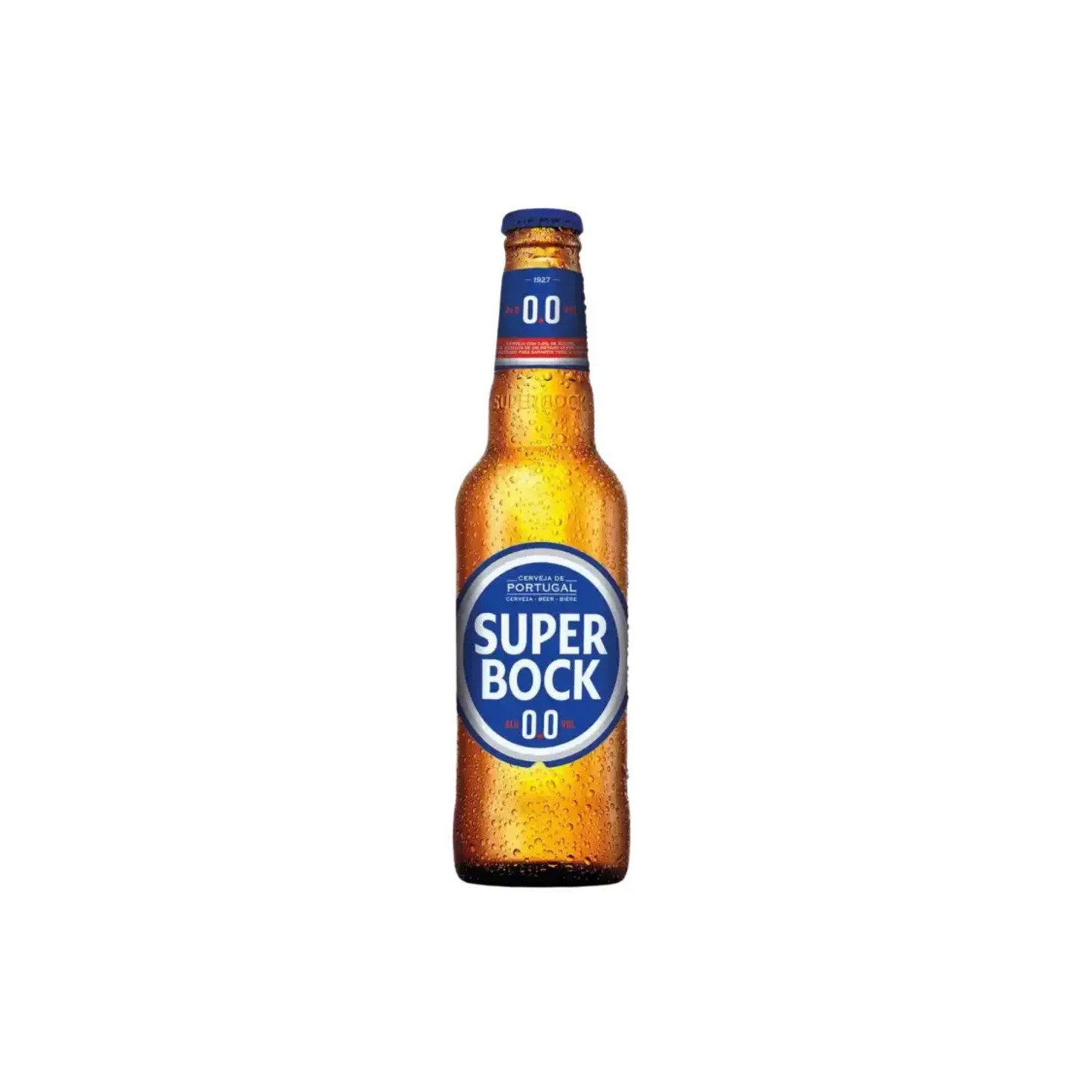 Super Bock 0.0% beer bottle on a white background