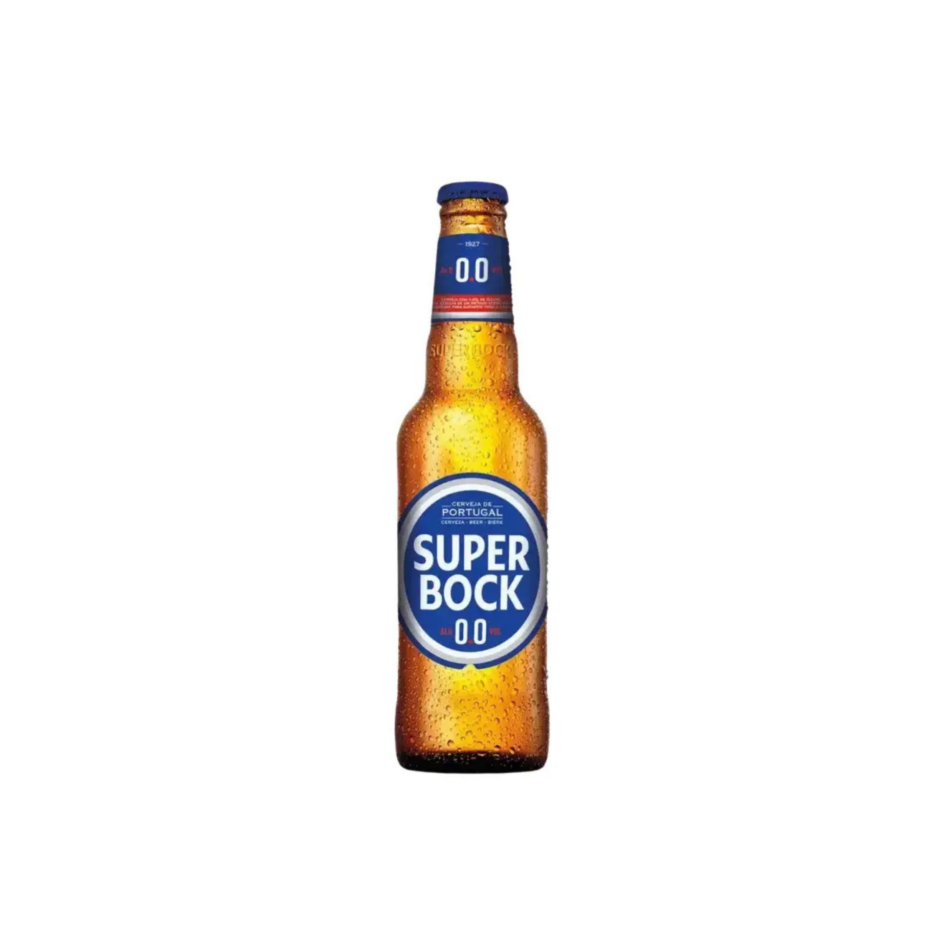Super Bock 0.0% beer bottle on a white background